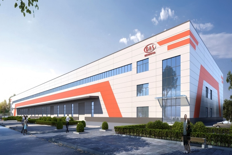 Chantier de construction d'entrep&ocirc;t &agrave; structure m&eacute;tallique extensible